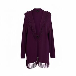 Carole Little Fringe Toggle Button Collared Knit Cardigan Sweater Purple Size 1X